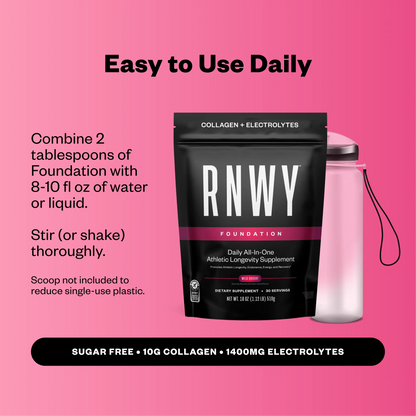 Black pouch of RNWY Foundation collagen and electrolytes supplement next to a pink shaker bottle on a bright pink background, with usage instructions and product details displayed.