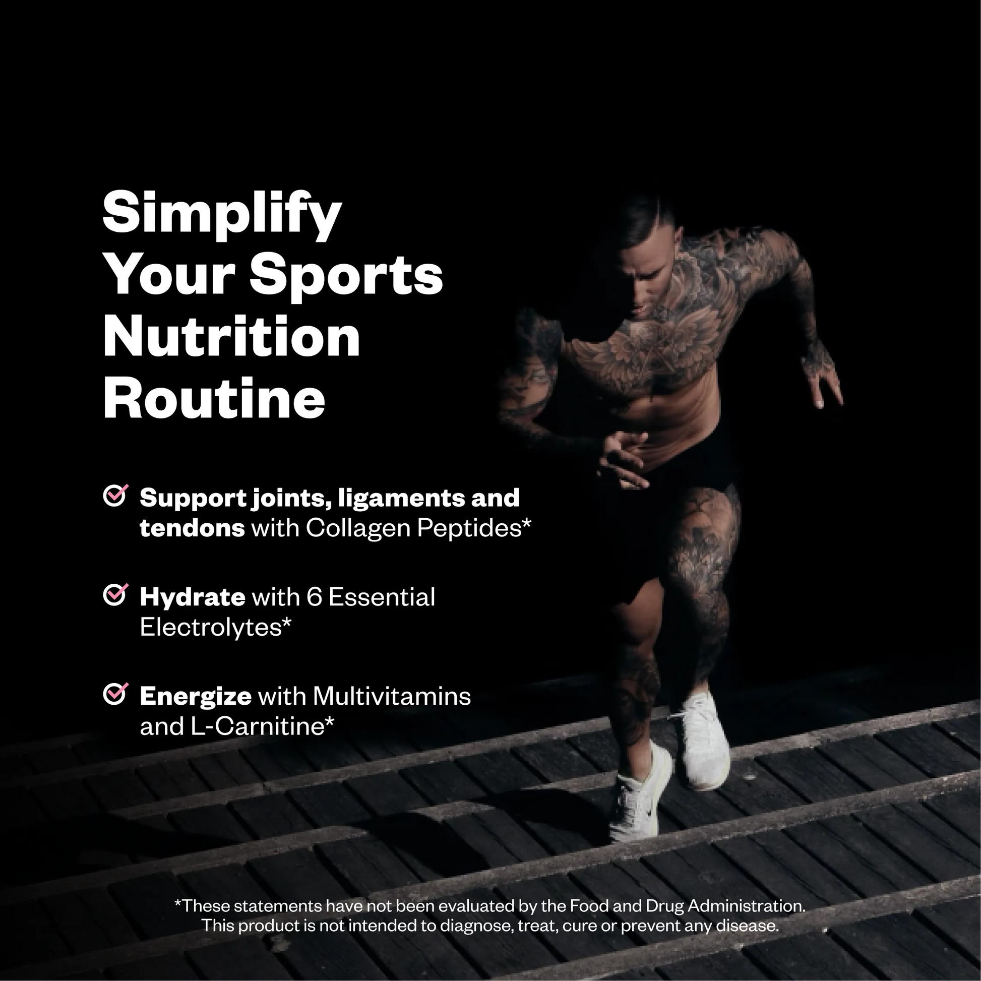 Tattooed man running on a wooden ladder with white sneakers against a black background. Text overlay promotes sports nutrition with collagen peptides, electrolytes, multivitamins and L-Carnitine.