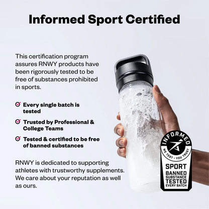 Hand holding a clear water bottle with black cap containing water and ice, next to an Informed Sport certification badge on a light gray background.
