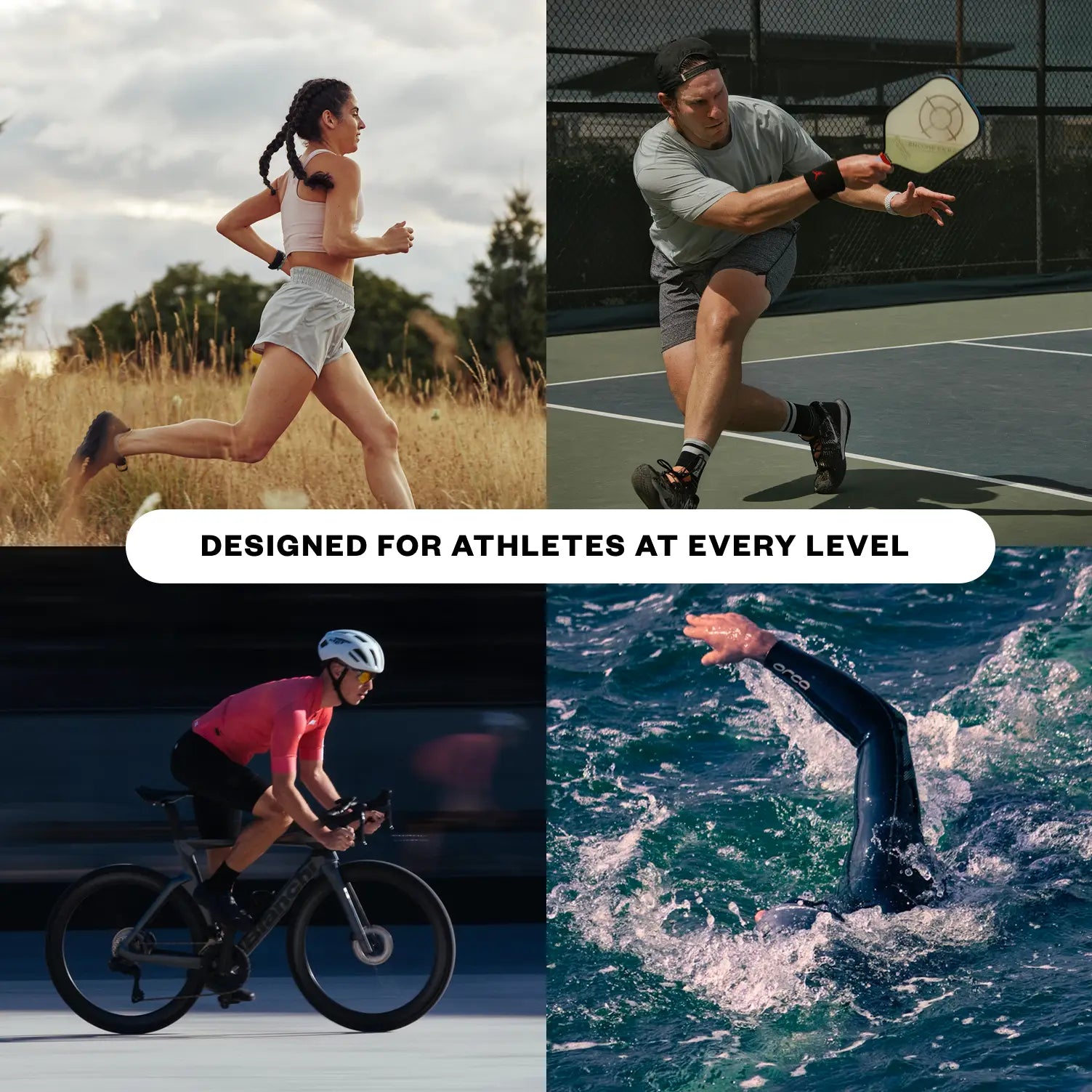 Woman running outdoors in field, man playing pickleball on court, cyclist riding on indoor track, and swimmer doing freestyle stroke in ocean waves.