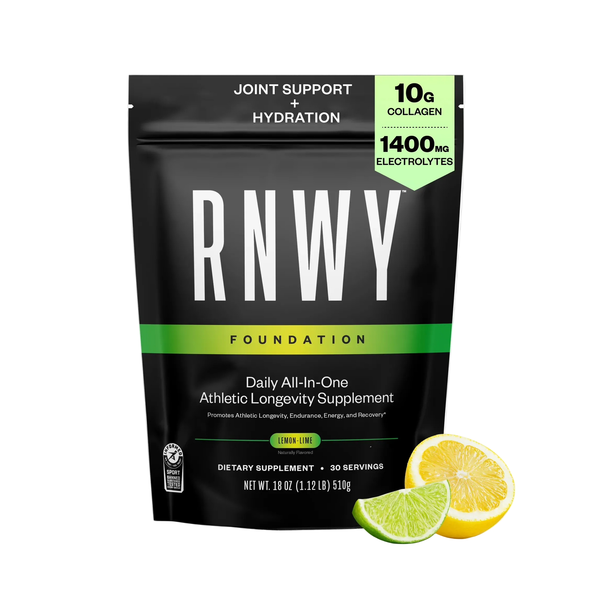 Black pouch of RNWY Foundation athletic longevity supplement with green accent label showing 10g collagen and 1400mg electrolytes, lemon-lime flavor, 30 servings. Fresh lemon and lime wedges displayed beside the packaging.