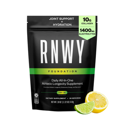 Black pouch of RNWY Foundation athletic longevity supplement with green accent label showing 10g collagen and 1400mg electrolytes, lemon-lime flavor, 30 servings. Fresh lemon and lime wedges displayed beside the packaging.