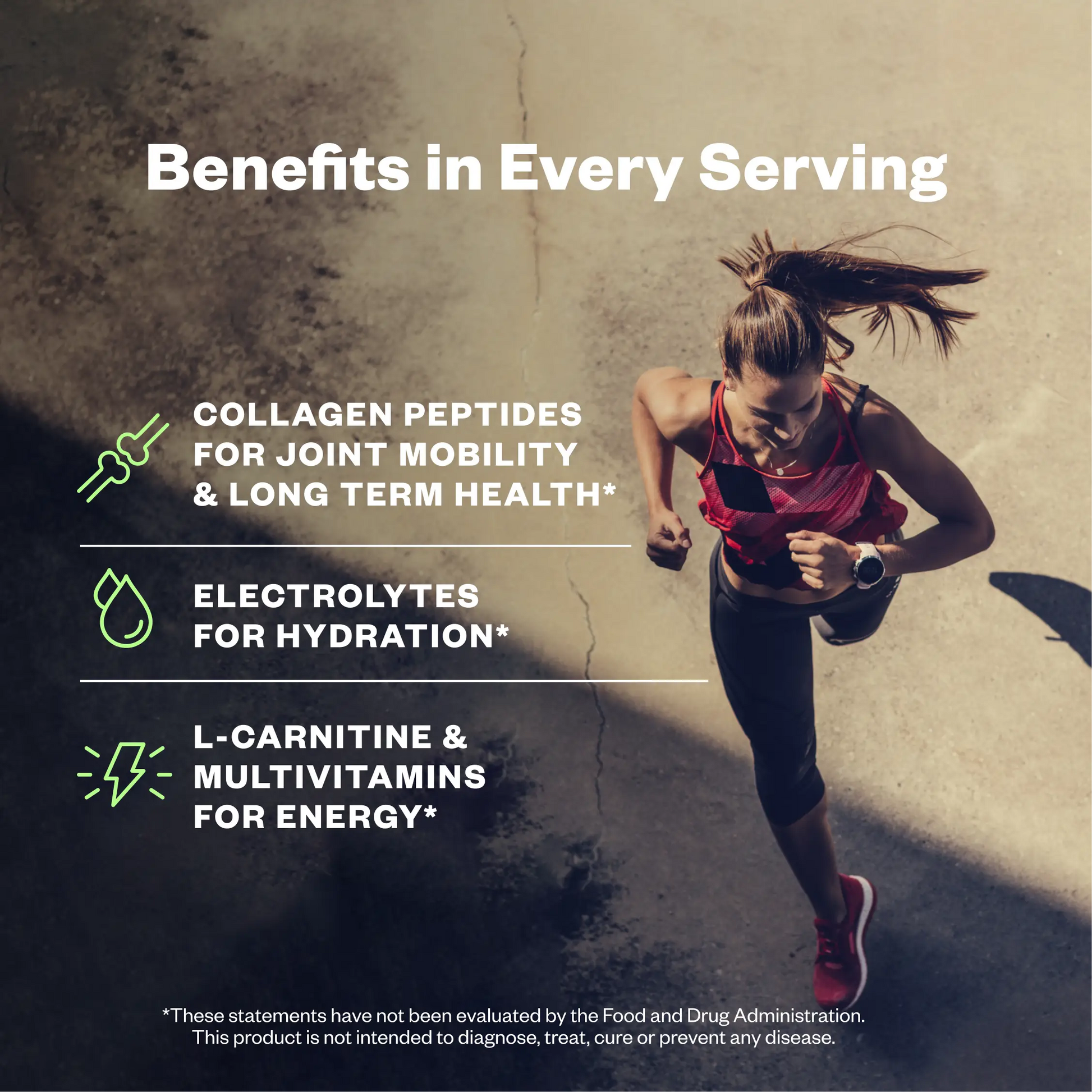 Woman in burgundy sports top running outdoors on pavement, with overlay text listing collagen peptides, electrolytes, L-carnitine, and multivitamins as product benefits.