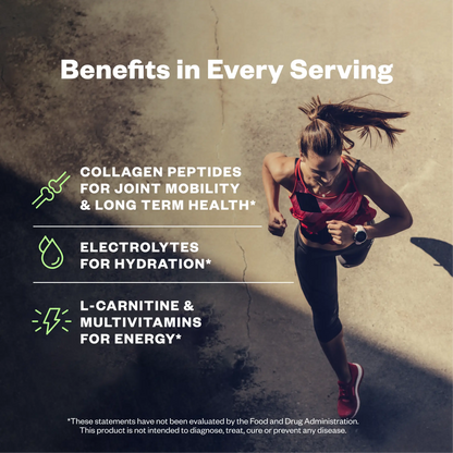 Woman in burgundy sports top running outdoors on pavement, with overlay text listing collagen peptides, electrolytes, L-carnitine, and multivitamins as product benefits.