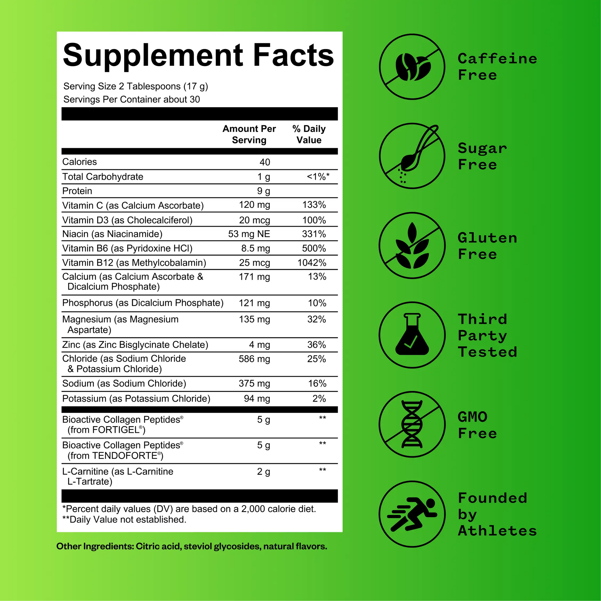Supplement facts label on white background with bright green border, listing nutritional information including protein, vitamins, minerals, collagen peptides, and L-carnitine. Six certification icons on right side indicate caffeine free, sugar fre...