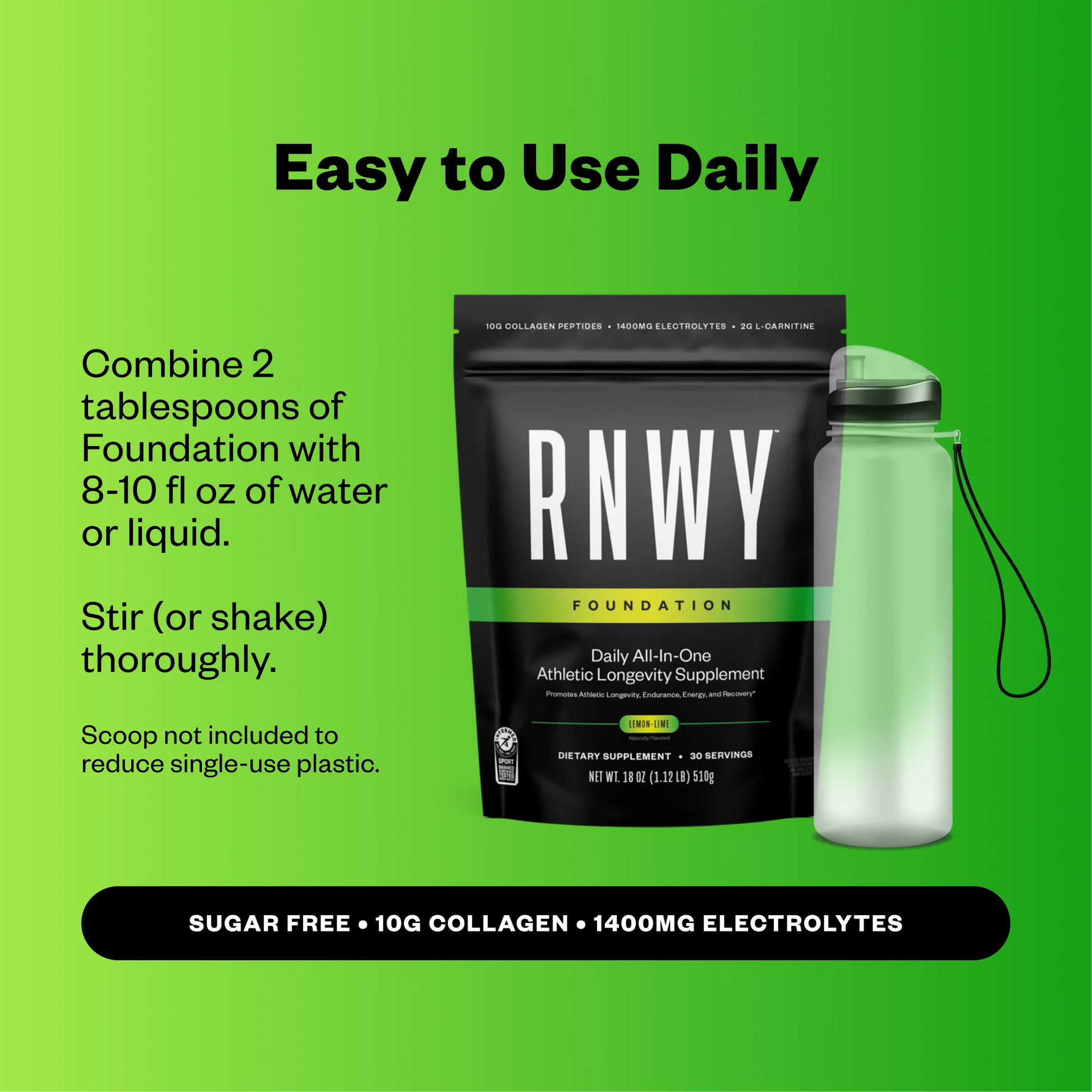 Black RNWY Foundation supplement pouch with green accents and a frosted green water bottle on a bright green background, with text describing usage instructions.