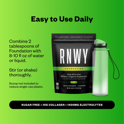 Black RNWY Foundation supplement pouch with green accents and a frosted green water bottle on a bright green background, with text describing usage instructions.