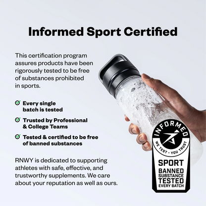 Hand holding a clear water bottle with black cap containing water and ice, displaying an Informed Sport Certified label indicating sport banned substance testing.
