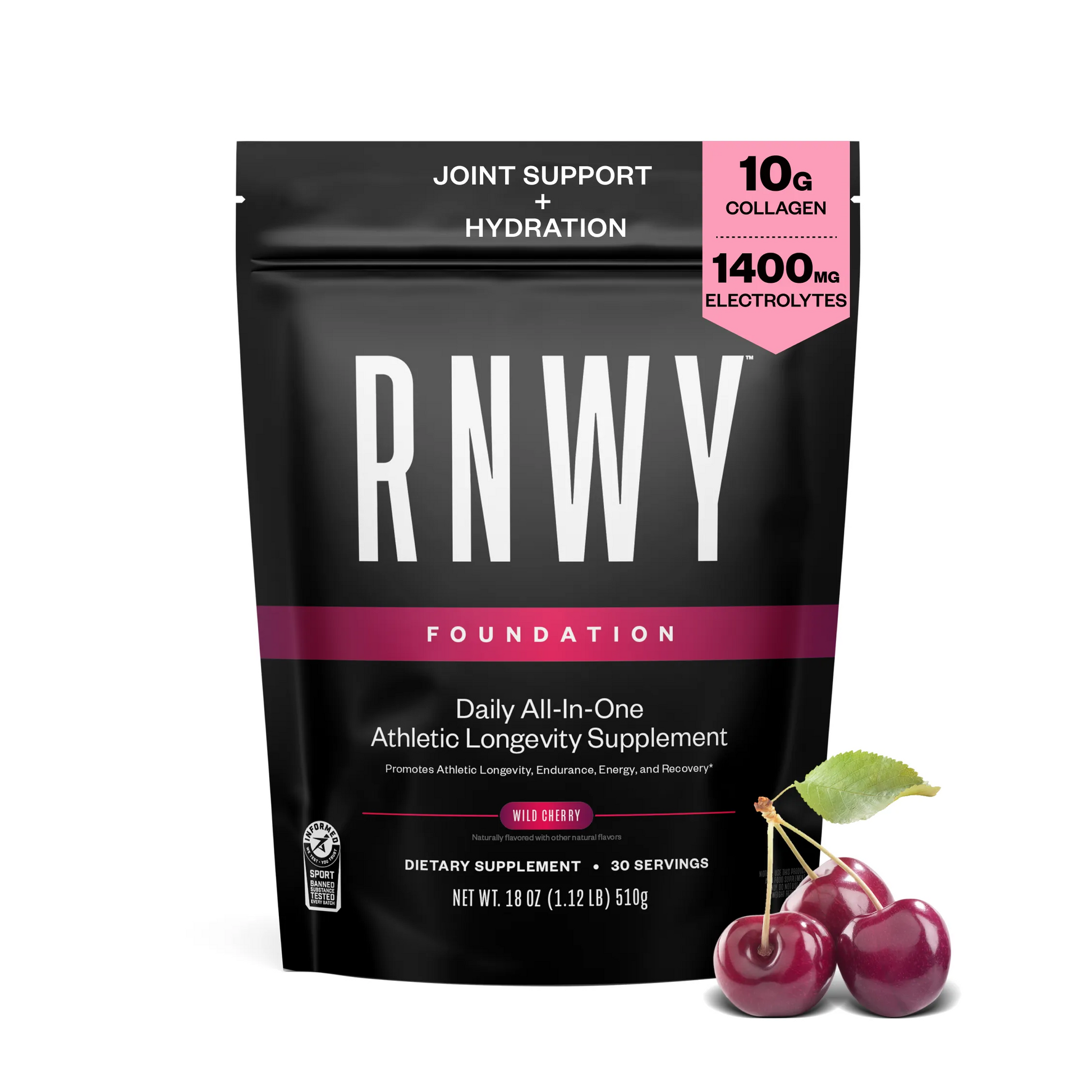Black pouch of RNWY Foundation athletic longevity supplement with wild cherry flavor, 30 servings, displaying 10g collagen and 1400mg electrolytes on pink banner, accompanied by fresh cherries with leaves.