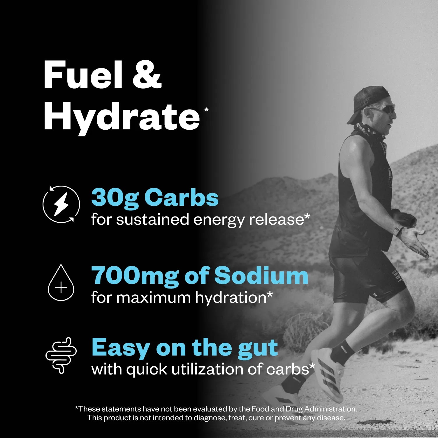 Man trail running on a desert hillside in black and white, wearing a sports vest and cap. Text overlay describes product features: 30g carbs, 700mg sodium, and easy digestibility for endurance athletes.