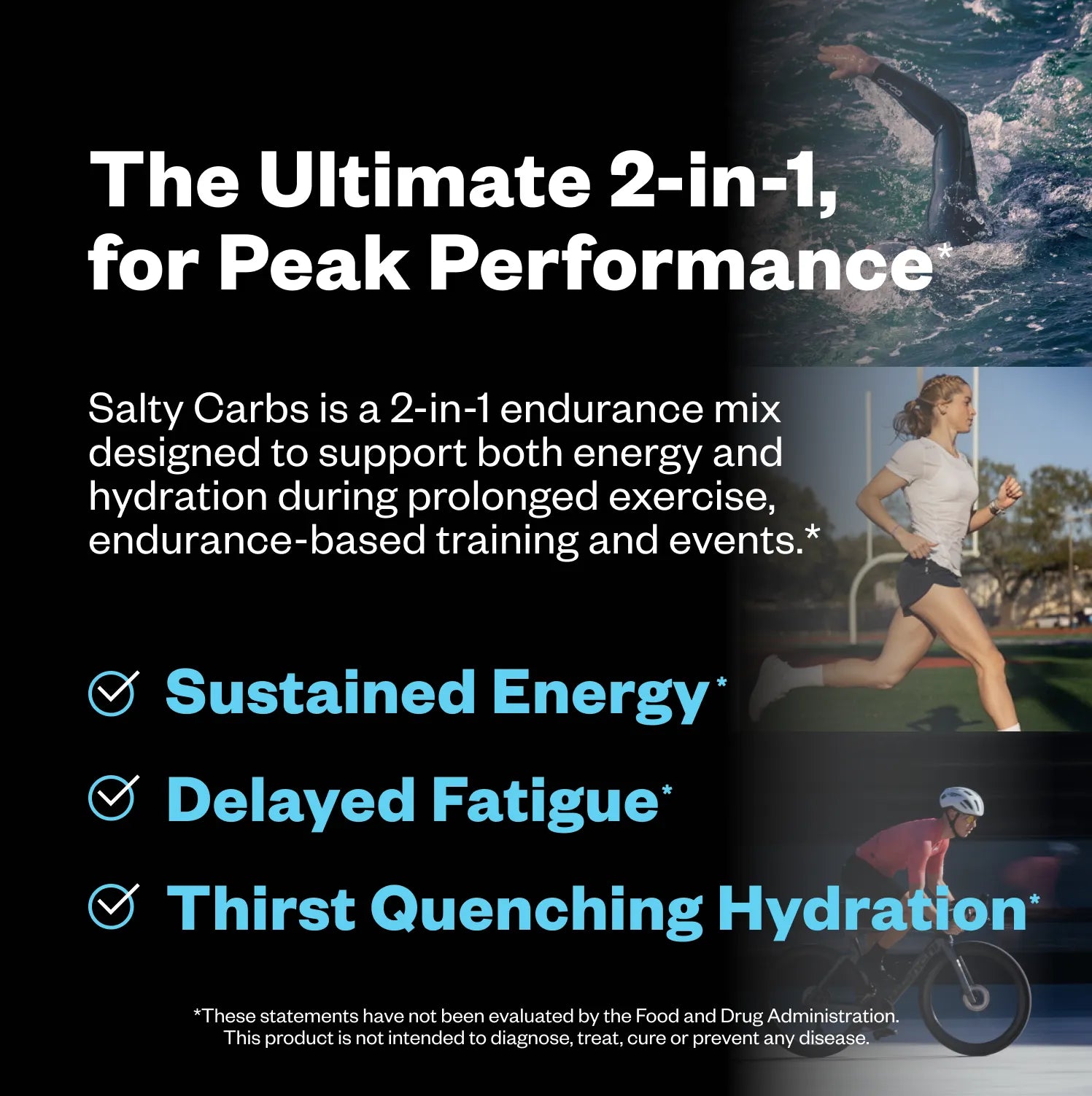 Salty Carbs endurance mix displayed with text describing benefits, alongside images of a woman running and a cyclist on a road.