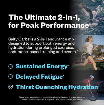 Salty Carbs endurance mix displayed with text describing benefits, alongside images of a woman running and a cyclist on a road.