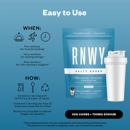 Blue resealable pouch of RNWY Salty Carbs carbohydrate and electrolyte endurance fuel with white shaker bottle, displayed against a blue background with usage instructions and nutritional information.