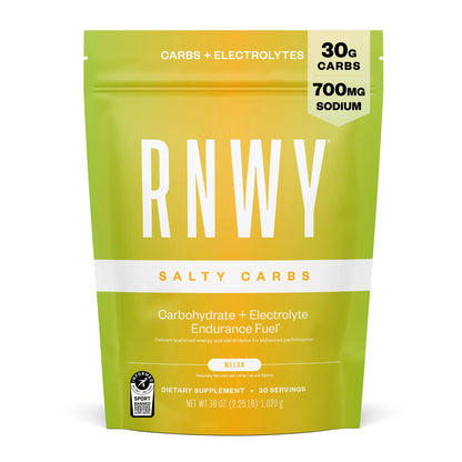 RNWY Salty Carbs endurance fuel powder in a green and yellow pouch containing 30 servings of melon-flavored carbohydrate and electrolyte supplement with 30g carbs and 700mg sodium per serving.