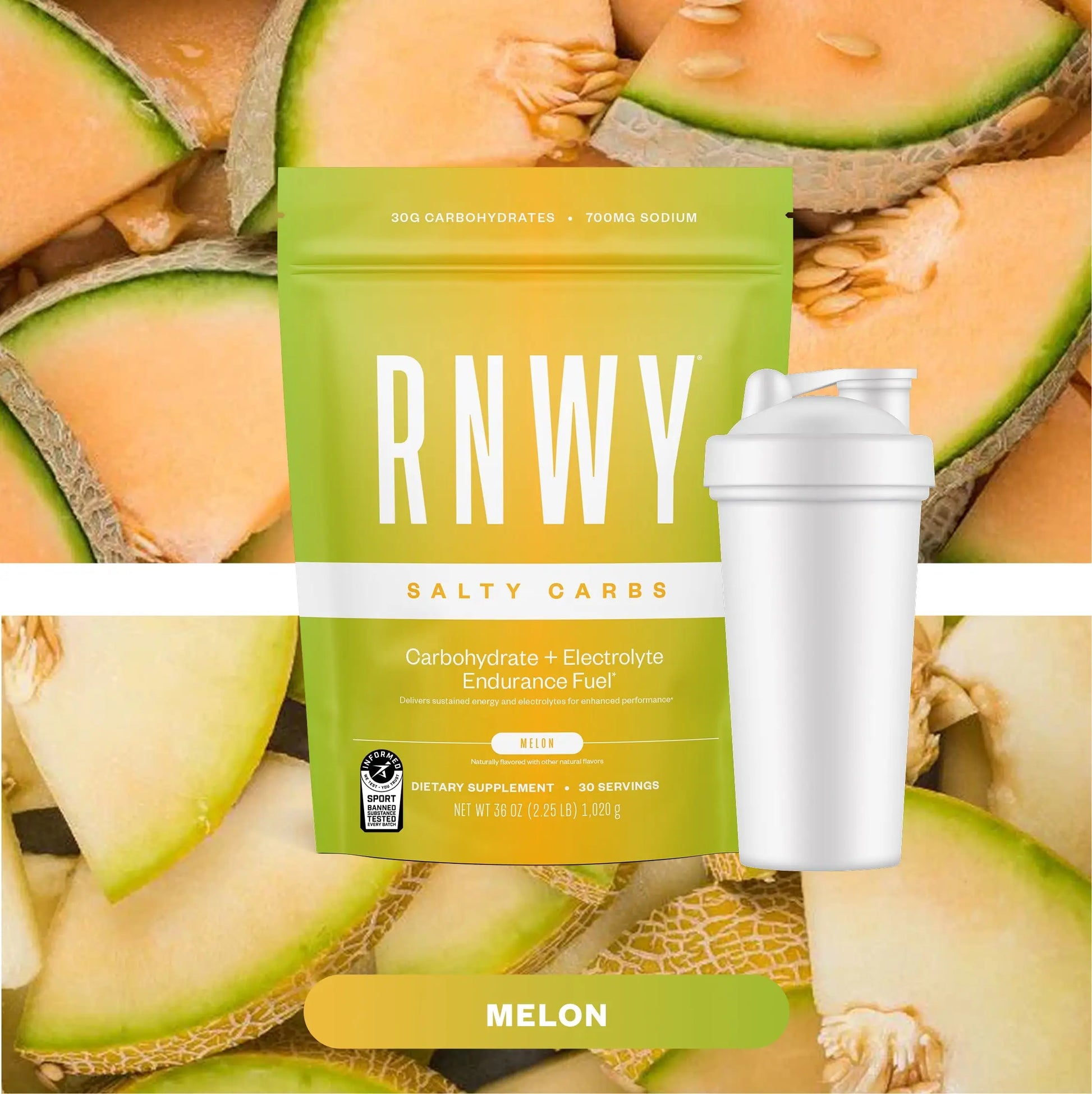 Green and yellow RNWY Salty Carbs pouch in melon flavor with white shaker bottle, displayed against a background of sliced cantaloupe melons.