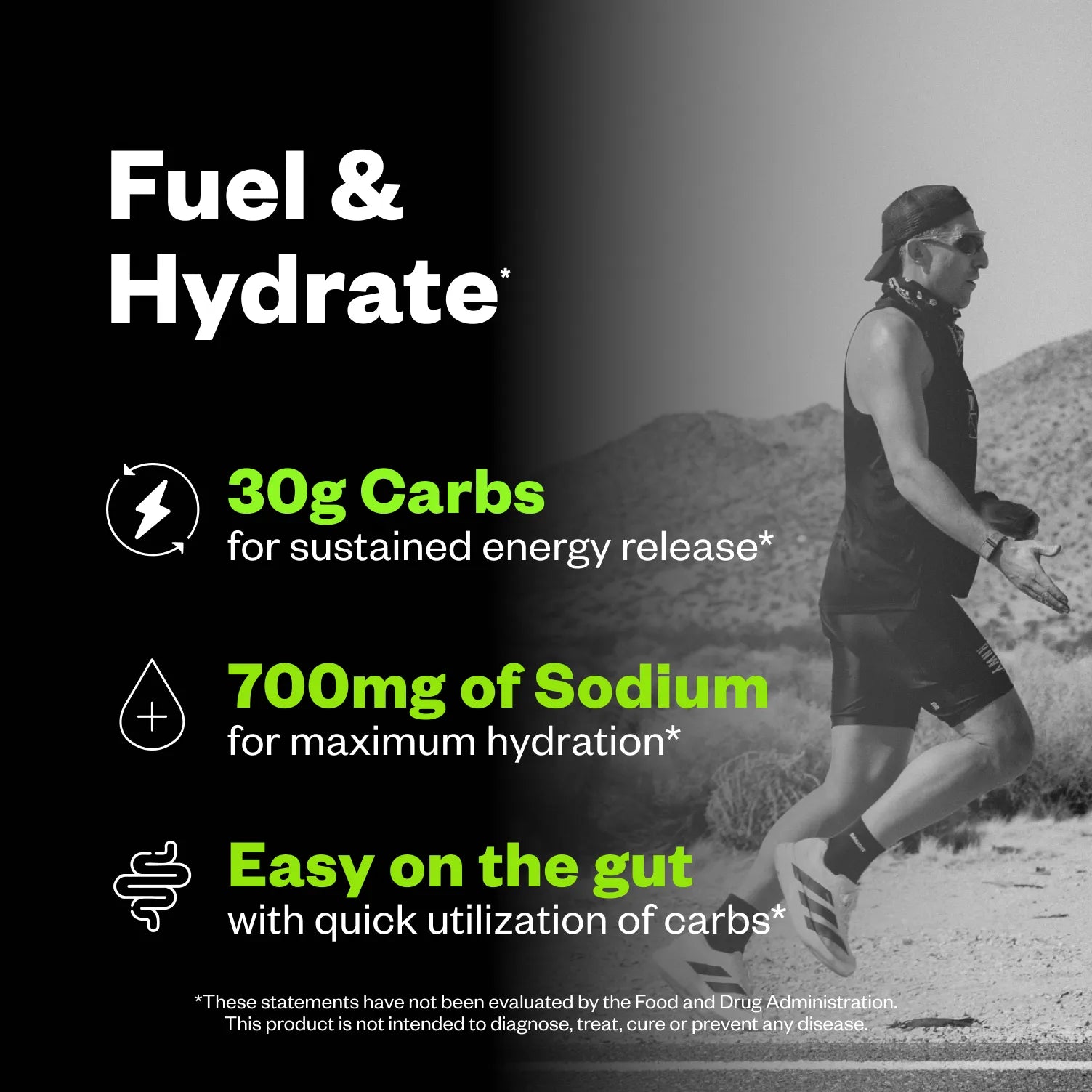 Man trail running on a desert path wearing black athletic gear and sunglasses, with product information displayed on left side listing 30g carbs, 700mg sodium, and digestibility features.