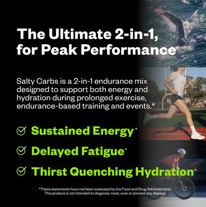 Salty Carbs endurance mix product displayed with marketing text and images of a runner, cyclist, and swimmer in outdoor settings.
