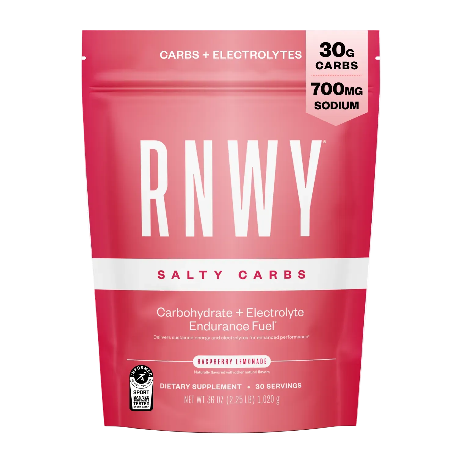 Pink resealable pouch of RNWY Salty Carbs endurance fuel with 30g carbs and 700mg sodium per serving, raspberry lemonade flavor, 30 servings.
