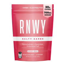 Pink resealable pouch of RNWY Salty Carbs endurance fuel with 30g carbs and 700mg sodium per serving, raspberry lemonade flavor, 30 servings.