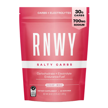 Pink resealable pouch of RNWY Salty Carbs endurance fuel with 30g carbs and 700mg sodium per serving, raspberry lemonade flavor, 30 servings.
