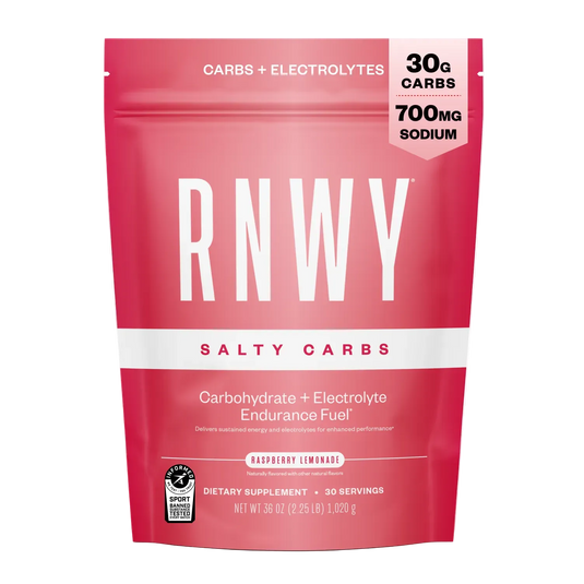 Pink resealable pouch of RNWY Salty Carbs endurance fuel with 30g carbs and 700mg sodium per serving, raspberry lemonade flavor, 30 servings.