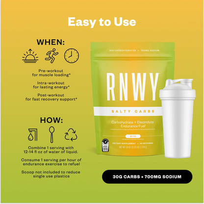Green and yellow gradient RNWY Salty Carbs endurance fuel pouch with white shaker cup on a yellow background, displaying usage icons and nutrition information for carbohydrate and electrolyte supplementation.