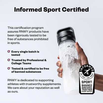 Hand holding a clear water bottle with black cap filled with white powdered electrolyte drink mix, accompanied by an Informed Sport certification badge on a light gray background.