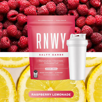 Pink RNWY Salty Carbs pouch with white shaker bottle, displayed against fresh raspberries and lemon slices. Raspberry lemonade flavor endurance fuel with 30g carbohydrates and 700mg sodium per serving.