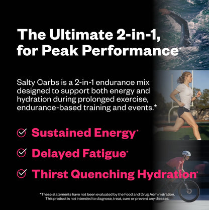 Salty Carbs endurance drink mix displayed with marketing text about sustained energy and hydration, shown alongside images of a female runner, female cyclist, and male cyclist in outdoor settings.