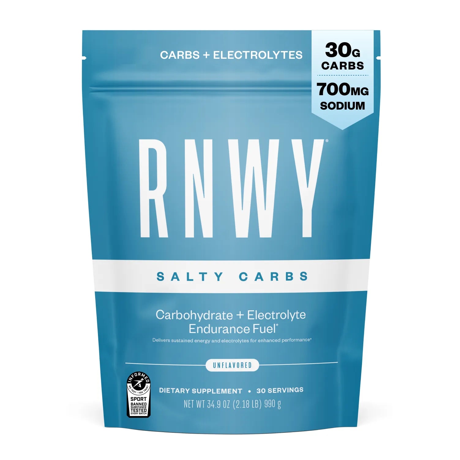Blue resealable pouch of RNWY Salty Carbs endurance fuel with carbohydrate and electrolyte formula, labeled with 30g carbs and 700mg sodium per serving, unflavored, 30 servings.