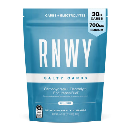 Blue resealable pouch of RNWY Salty Carbs endurance fuel with carbohydrate and electrolyte formula, labeled with 30g carbs and 700mg sodium per serving, unflavored, 30 servings.