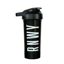 Black cylindrical shaker bottle with white "RUNWAY" text on the front and a black flip-top lid with attached mixing ball.
