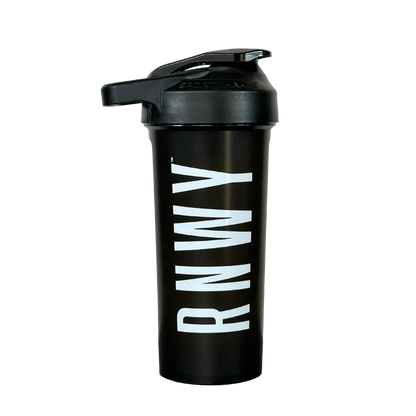Black cylindrical shaker bottle with white "RUNWAY" text on the front and a black flip-top lid with attached mixing ball.