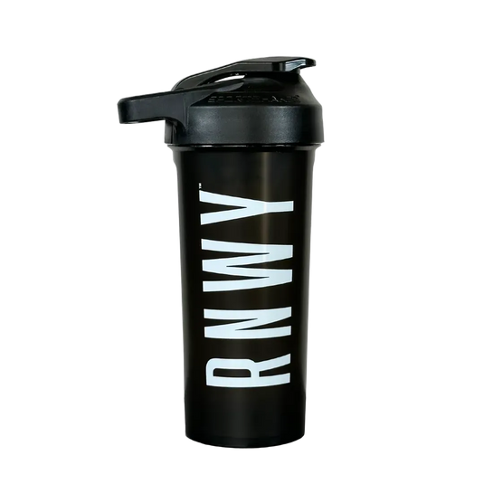 Black cylindrical shaker bottle with white "RUNWAY" text on the front and a black flip-top lid with attached mixing ball.