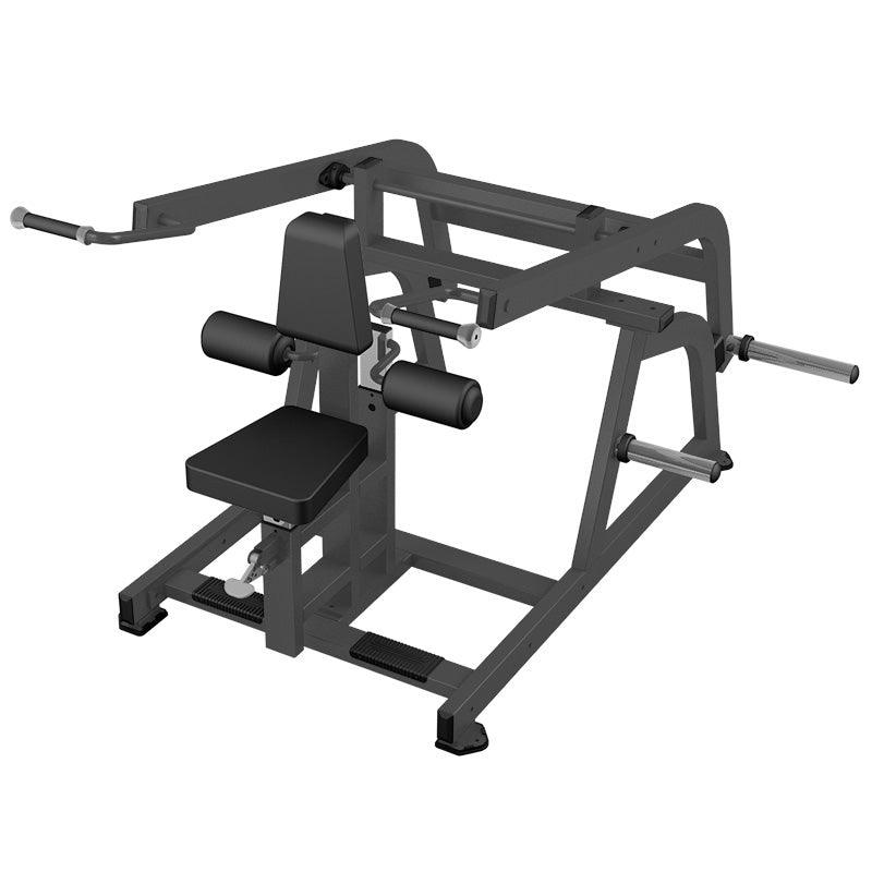 Seated dip/press gym machine with pads and handles.