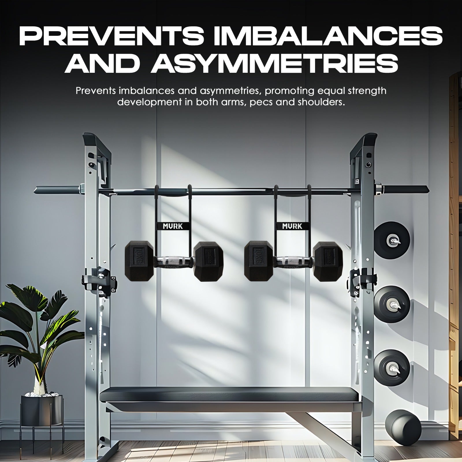 Home gym setup with a power rack, dumbbells, and plates; promotes balance.