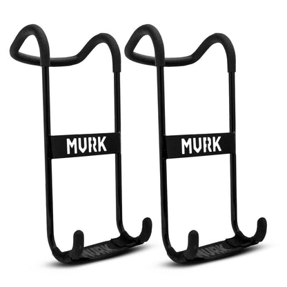 Pair of black metal bicycle bottle cages with foam grips.