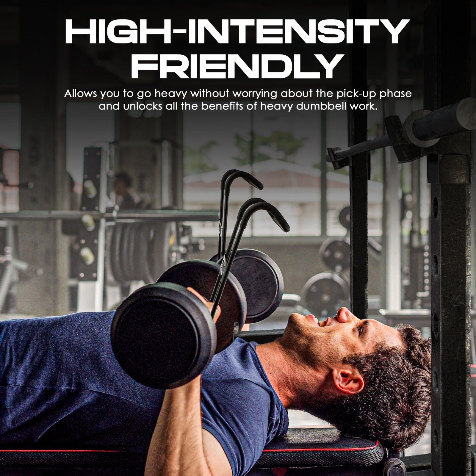 Man performing dumbbell bench press in a gym; "High-Intensity Friendly" banner.