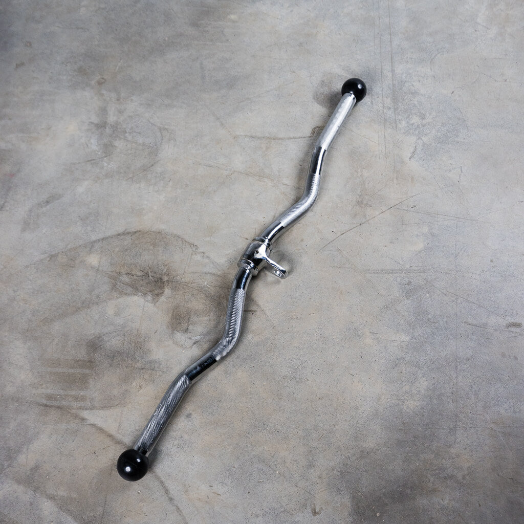 Curved chrome curl bar cable attachment with black end caps.