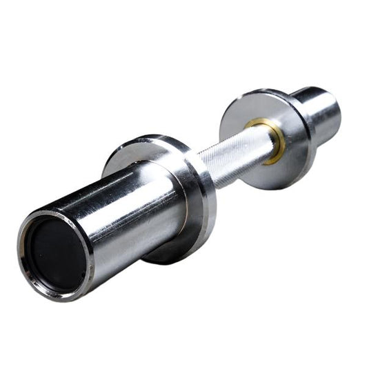 Chrome loadable dumbbell handle with weight sleeves and collars.