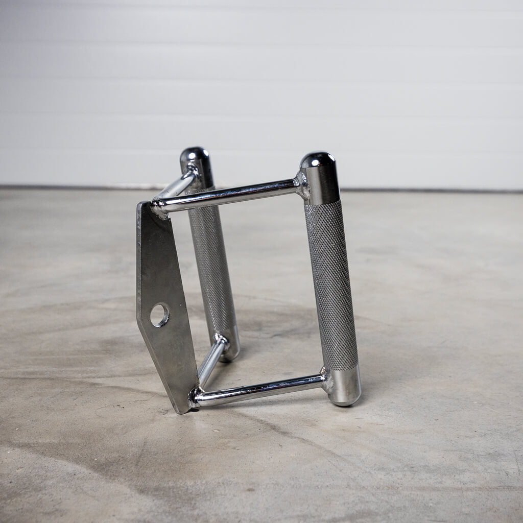 Chrome knurled triangle row cable attachment for strength training.