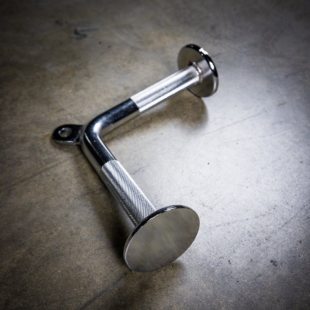 Chrome knurled V-bar handle for cable/pulley strength training.