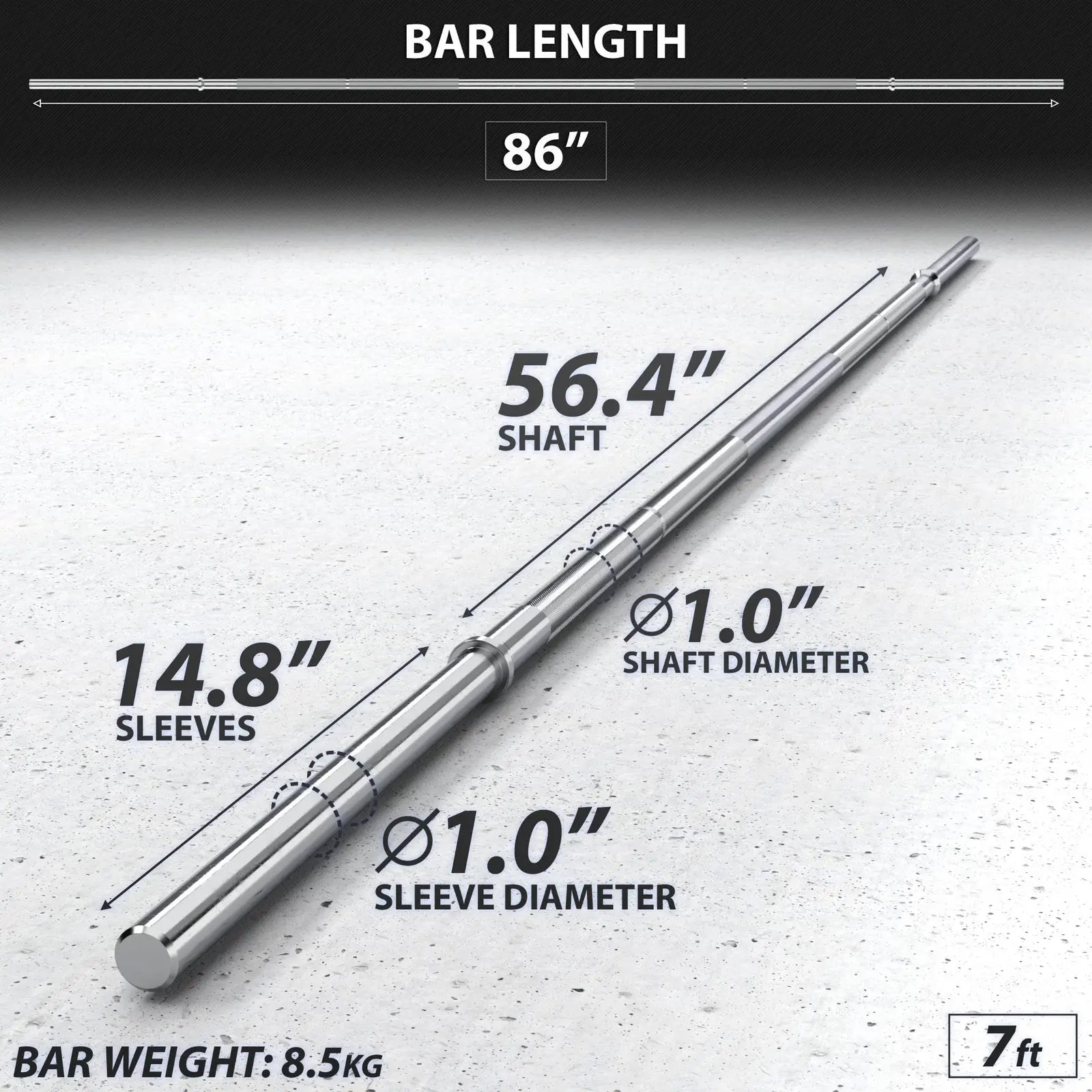 Chrome Olympic barbell with labeled dimensions showing 86-inch total length, 56.4-inch shaft, 1.0-inch shaft diameter, 14.8-inch sleeves, and 1.0-inch sleeve diameter. Bar weight listed as 8.5 kg.