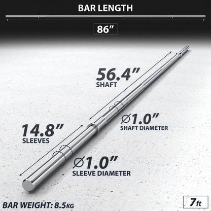Chrome Olympic barbell with labeled dimensions showing 86-inch total length, 56.4-inch shaft, 1.0-inch shaft diameter, 14.8-inch sleeves, and 1.0-inch sleeve diameter. Bar weight listed as 8.5 kg.