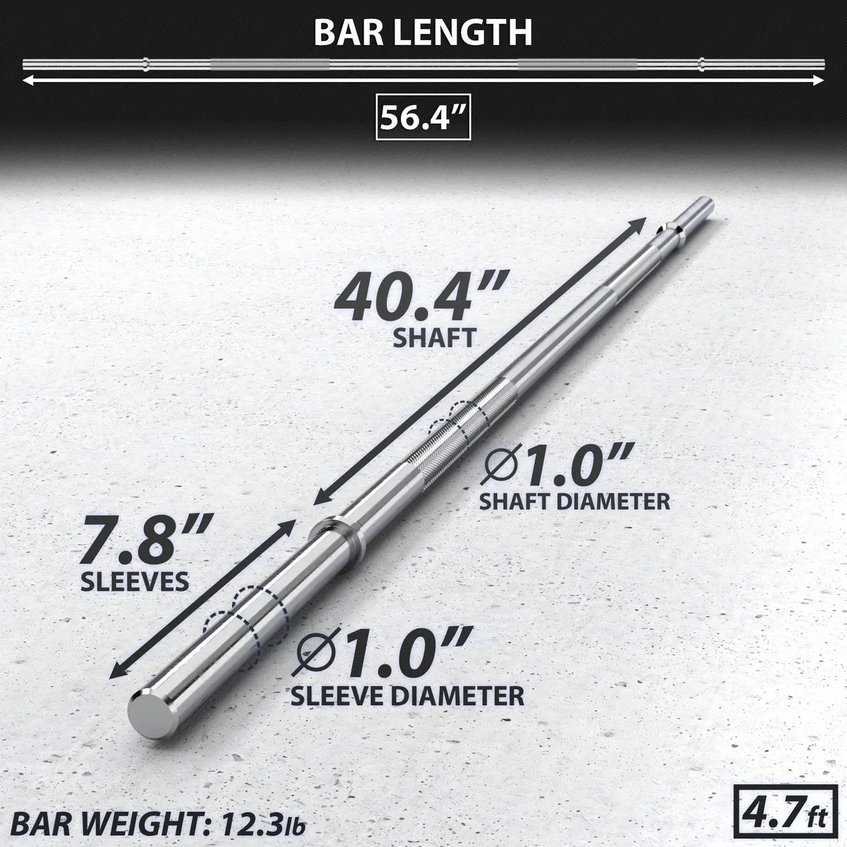 Chrome barbell with 56.4" total length, 40.4" shaft, 1.0" shaft diameter, 7.8" sleeves with 1.0" sleeve diameter, and 12.3 lb weight on concrete background.