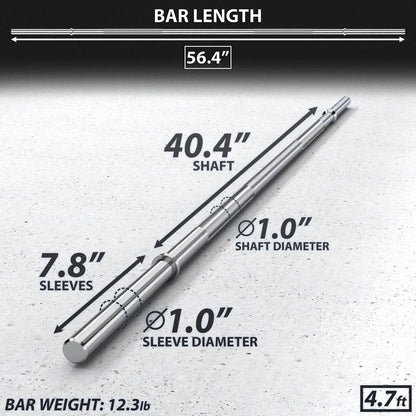 Chrome barbell with 56.4" total length, 40.4" shaft, 1.0" shaft diameter, 7.8" sleeves with 1.0" sleeve diameter, and 12.3 lb weight on concrete background.