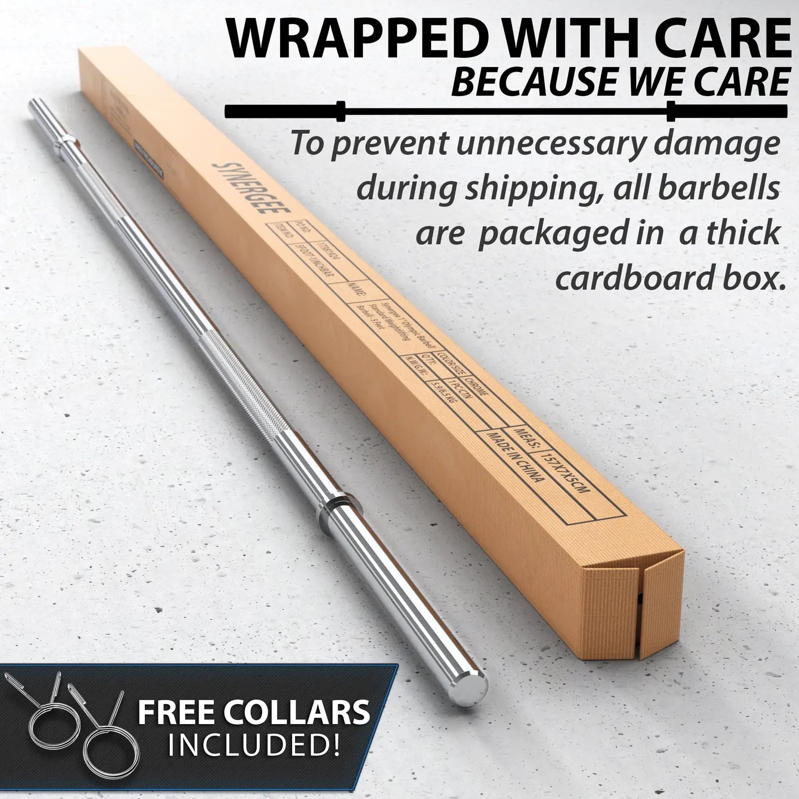 Chrome barbell with knurled grip partially removed from a tan cardboard shipping box on a concrete surface. Free collars included with the barbell.