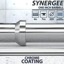 Synergee one-inch barbell with chrome coating, 6-foot length, 25mm shaft, and 1.2mm knurling, shown on concrete floor with specification callouts.