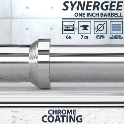 Synergee one-inch barbell with chrome coating, 6-foot length, 25mm shaft, and 1.2mm knurling, shown on concrete floor with specification callouts.