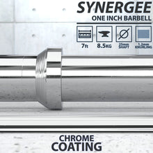 Chrome-plated one-inch barbell with textured grip collar. Specifications show 7 ft length, 8.5kg weight, 25mm shaft, and 1.2mm knurling.
